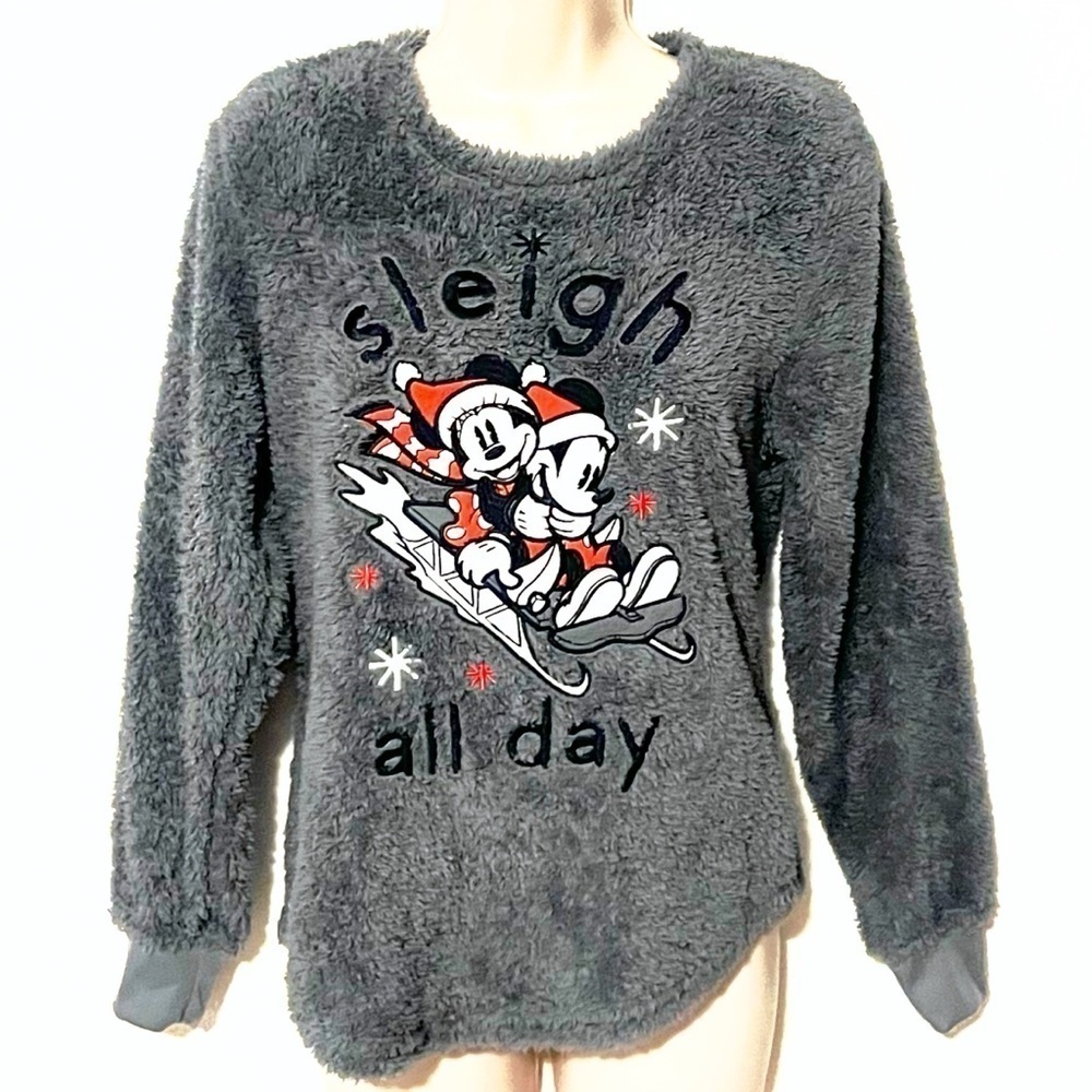 Disney Christmas Sleigh All Day Mickey Mouse Plush Pullover Long Sleeve Top Gray